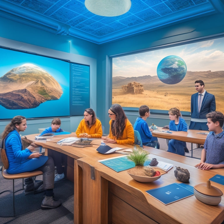 A futuristic classroom with students wearing VR headsets, surrounded by ancient artifacts and 3D projections of historic landmarks, with a teacher guiding them through an immersive, interactive lesson.