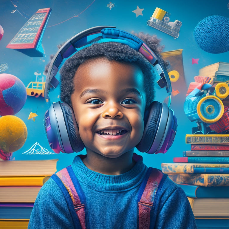 A colorful illustration of a happy child wearing headphones, surrounded by floating icons of educational subjects (e.g., globe, microscope, book, robot) and colorful sound waves emanating from their ears.