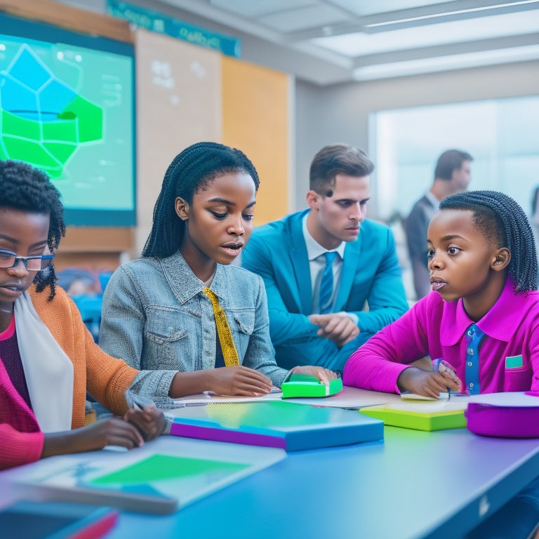 A colorful, futuristic classroom scene with diverse students engaged on tablets, surrounded by interactive whiteboards, graphs, and 3D shapes, with a subtle background of circuits and coding symbols.