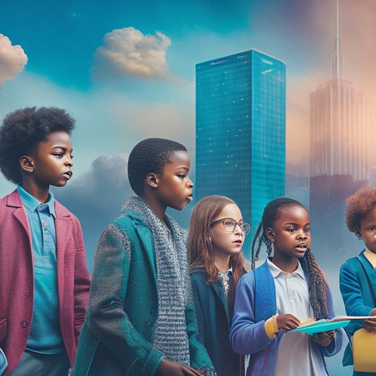 A colorful illustration of a diverse group of schoolchildren, each surrounded by swirling clouds of data points and graphs, with a subtle background of a cityscape or school building, conveying a sense of forward motion and growth.