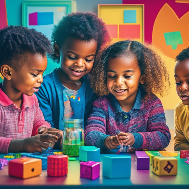 A vibrant, colorful illustration of diverse children aged 4-12 engaged in interactive math activities, surrounded by puzzles, blocks, and educational toys, with subtle sparks and glow effects conveying excitement and discovery.