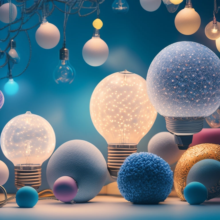 A whimsical, dreamlike scene featuring seven floating, glowing lightbulbs, each surrounded by a unique, swirling pattern of colors and shapes, set against a soft, gradient blue background.