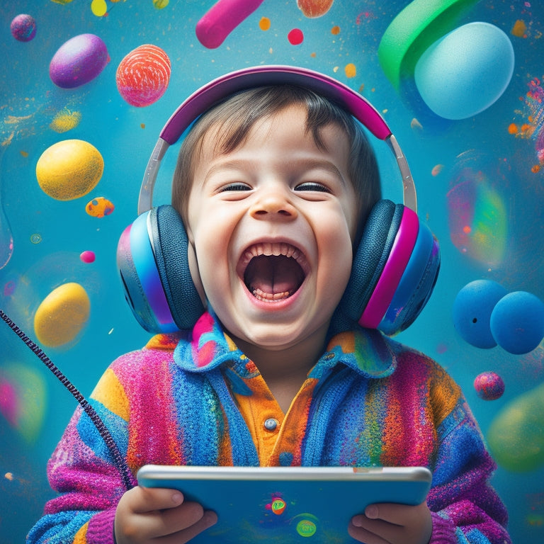 A whimsical illustration of a happy, energetic child with ADHD surrounded by colorful, swirling language bubbles in English, Spanish, French, and Mandarin, with a tablet and headphones nearby.