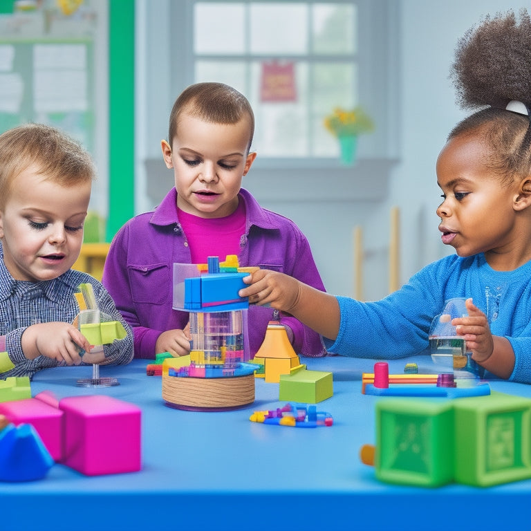 A colorful illustration of preschoolers engaged in various STEM activities: building with blocks, conducting a mini science experiment, playing with gears, and creating with magnetic tiles, surrounded by curious toys and learning tools.