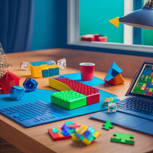A playful desktop scene with a Windows laptop surrounded by scattered math-themed puzzle pieces, dice, and geometric shapes, with a subtle grid pattern in the background.