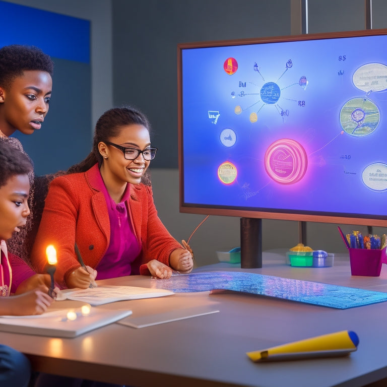 A virtual whiteboard with colorful, swirling math symbols and shapes, surrounded by confident, diverse students' avatars, with subtle, glowing lightbulbs above their heads, conveying understanding and excitement.