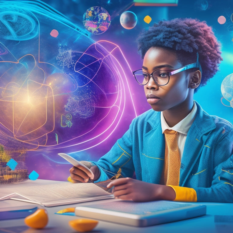 A colorful, futuristic illustration of a gifted student surrounded by swirling math symbols, equations, and geometric shapes, with various digital devices and tablets showcasing interactive math apps in the background.