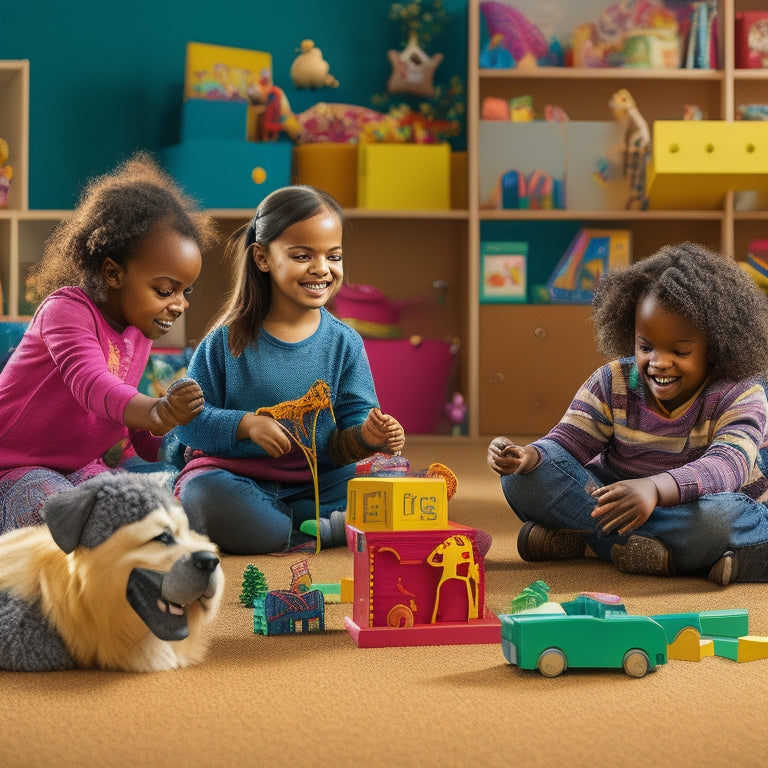 A colorful playroom scene with diverse children aged 4-8 engaged with various interactive toys, including a robotic dog, building blocks, and a digital puzzle, surrounded by scattered toys and happy expressions.