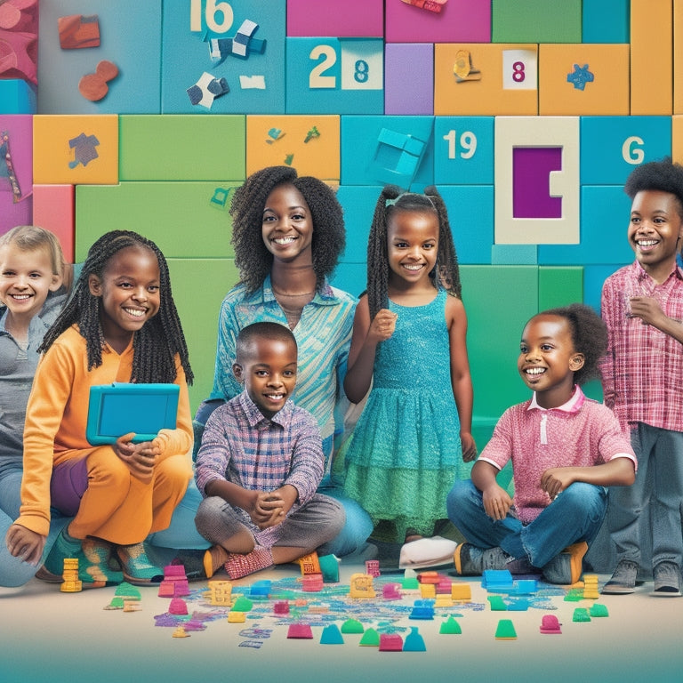 A colorful, clutter-free illustration featuring a diverse group of happy children (ages 6-10) surrounded by math-inspired game pieces, blocks, and puzzles, amidst a subtle background of math symbols and equations.