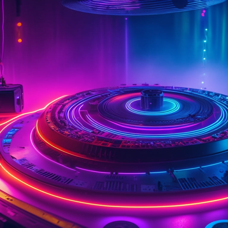 A futuristic soundscape with neon-lit circuits, glowing synthesizers, and vinyl records swirling around a central vortex, surrounded by bursts of colorful light and wisps of fog.