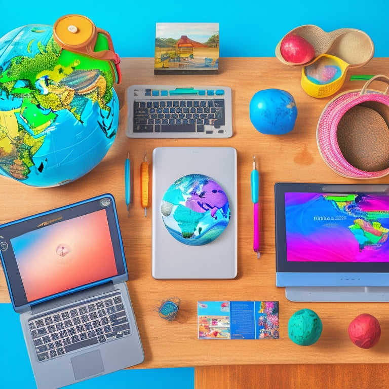 A colorful illustration of a homeschooling setup with a laptop, tablet, and smartphone displaying language learning apps, surrounded by globes, maps, and language-related props, set against a bright and airy background.