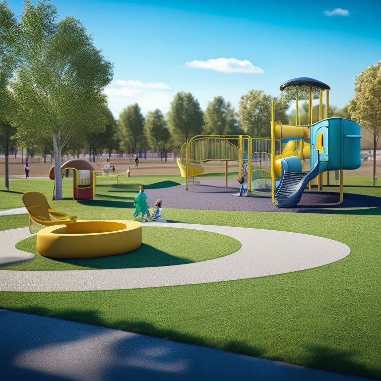 An illustration of a sunny park with three distinct playground areas, each featuring a different installation option: a modern rubber surface, a natural grassy area, and a poured-in-place playground surface.
