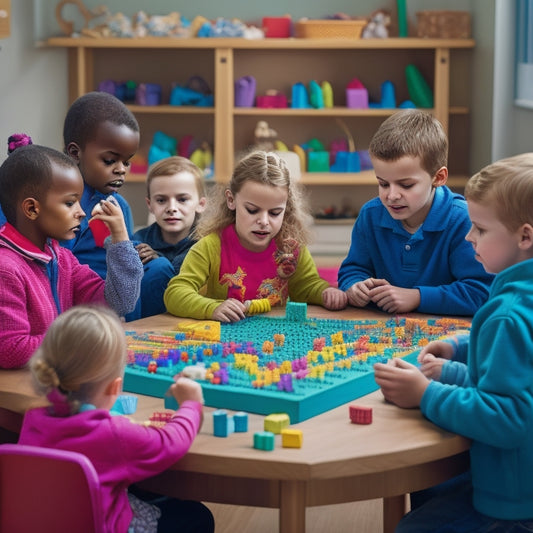 A colorful, clutter-free classroom scene with a mixed-age group of children gathered around a large, wooden, number-lined math mat, surrounded by manipulatives like beads, cubes, and counting bears.