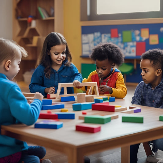 A colorful, modern classroom scene with diverse children gathered around a wooden, geometric-shaped puzzle table, engaged in collaborative math activities, surrounded by scattered wooden blocks and shapes.