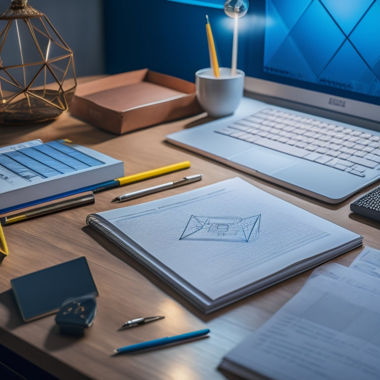 A clutter-free desk with a laptop, open math textbook, and a few scattered pencils, surrounded by subtle digital glow, with geometric shapes and graphs floating above, blending physical and digital learning.