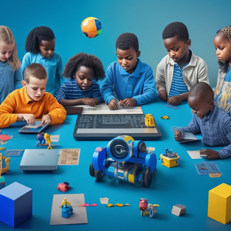 A colorful illustration of a diverse group of children aged 6-10, surrounded by laptops, tablets, and educational robots, engaging in various numeracy activities, with math symbols and shapes floating above.