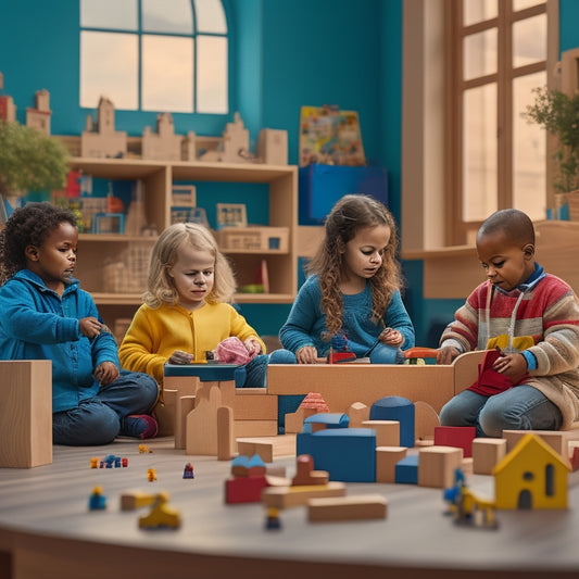 A colorful, clutter-free playroom with variously shaped wooden blocks, a miniature cityscape, and a few curious, diverse children aged 4-7, deeply engaged in building and creating together.