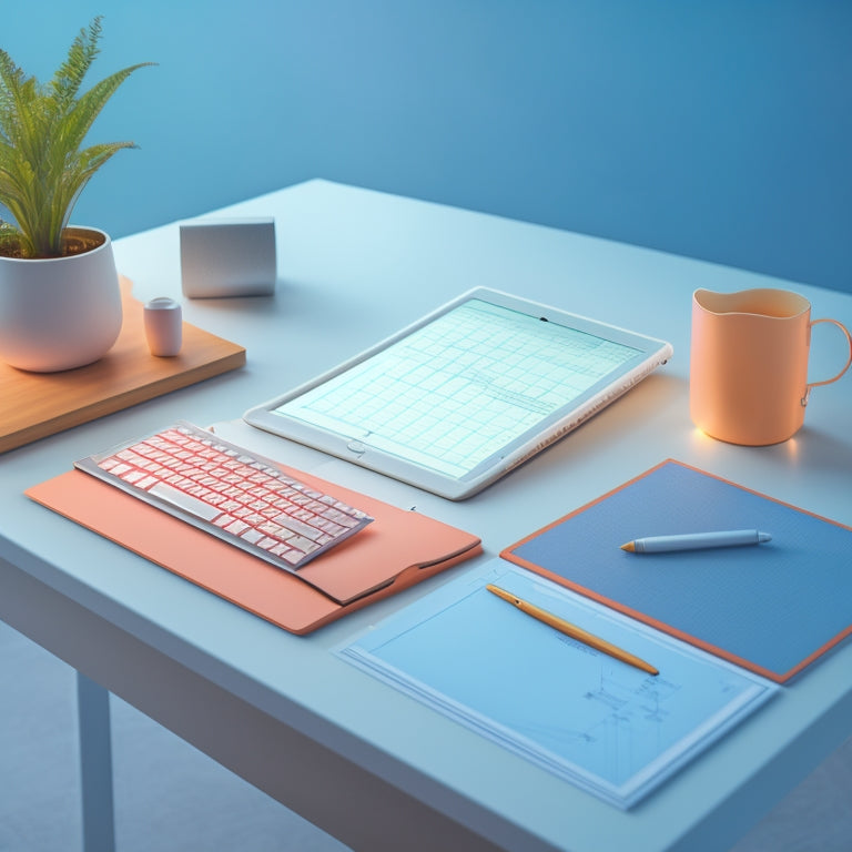 A futuristic, minimalist desk with a tablet and stylus, surrounded by scattered math problems, graphs, and formulas, with a subtle grid background and soft, pastel lighting.