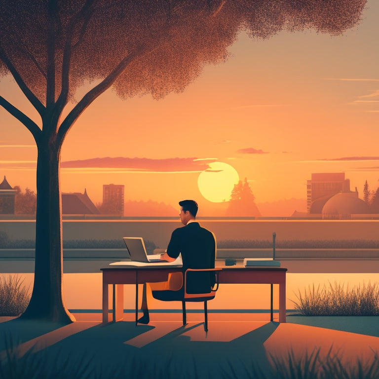 A minimalist illustration of a college student sitting in front of a laptop, surrounded by open books and a clutter-free desk, with a subtle background of a university campus at sunset.