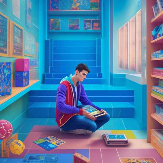 A colorful, clutter-free illustration of a high school student surrounded by puzzles, brain teasers, and interactive games on a futuristic tablet, with a subtle background of a school hallway.