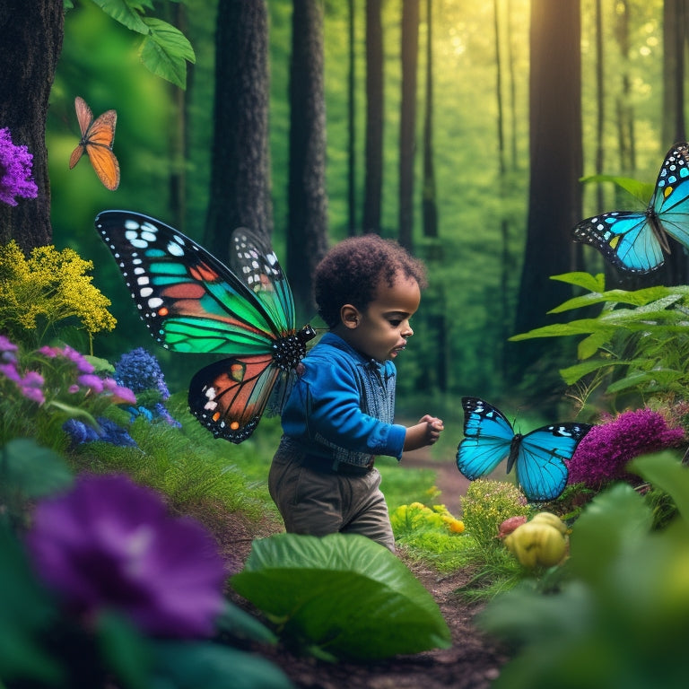 Illustrate a whimsical scene where a curious child, surrounded by colorful math blocks and insects, measures a butterfly's wingspan with a ruler, amidst a lush green forest floor and vibrant flowers.