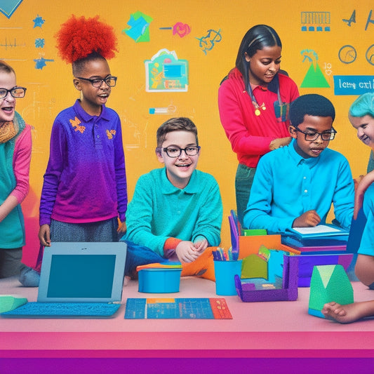 A colorful illustration of diverse special needs students (wheelchair, glasses, hearing aid) engaged in math games on tablets and laptops, surrounded by math symbols, shapes, and colorful icons in a vibrant classroom setting.