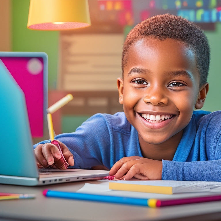 A bright, colorful illustration of a smiling elementary-aged student sitting in front of a laptop, surrounded by math worksheets and pencils, with a virtual tutor's face appearing on the screen.