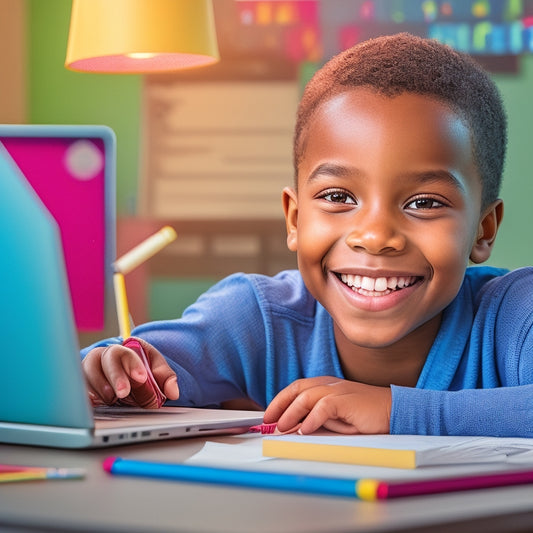 A bright, colorful illustration of a smiling elementary-aged student sitting in front of a laptop, surrounded by math worksheets and pencils, with a virtual tutor's face appearing on the screen.