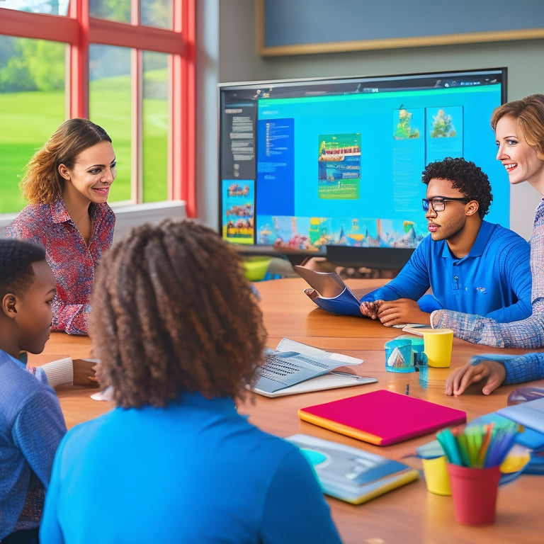 A vibrant, modern classroom scene with diverse students engaged in interactive learning activities, surrounded by tablets, laptops, and a large interactive whiteboard displaying colorful educational graphics.