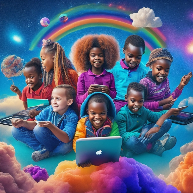 A colorful illustration of a diverse group of happy children aged 6-12, surrounded by laptops, tablets, and smartphones, with educational apps and games open on the screens, amidst a background of swirling clouds and bright stars.