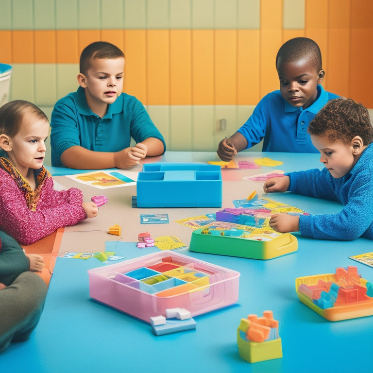 A colorful illustration of 2nd-grade students gathered around a table, engaged in various math activities: building blocks, counting bears, measuring with rulers, and solving puzzles on worksheets.