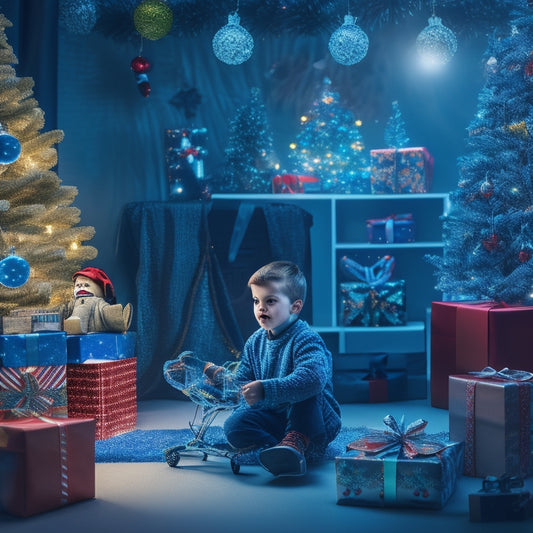 A festive holiday scene featuring a curious boy surrounded by unwrapped gifts, including a sleek drone, a shiny new bike, a LEGO set, and a VR headset, amidst a backdrop of snowflakes and twinkling lights.