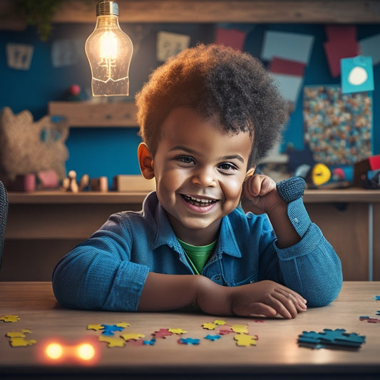 An illustration of a smiling child sitting at a desk, surrounded by puzzle pieces, brain teasers, and geometric shapes, with a glowing lightbulb above their head, symbolizing mental growth.