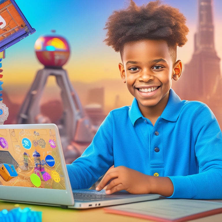 A bright, colorful illustration of a smiling 4th-grade student sitting in front of a laptop, surrounded by math symbols and shapes, with a cityscape or futuristic background with robots and gears.