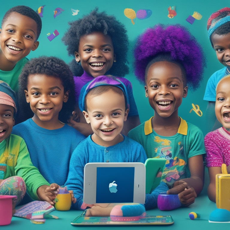 A colorful, whimsical illustration of various tablets and devices surrounded by diverse, smiling children with special needs, engaging with educational apps and tools.
