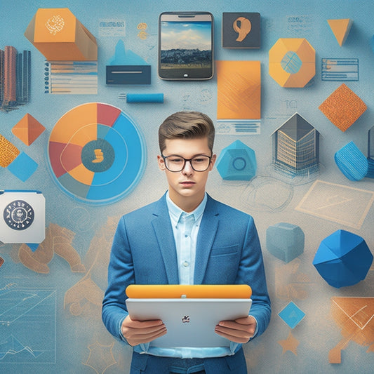 A stylized illustration of a high school student surrounded by floating math symbols, graphs, and geometric shapes, with a tablet and smartphone nearby, showcasing a blend of traditional and digital learning.