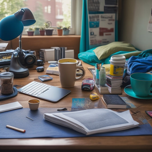 A cluttered college dorm room desk with a laptop open to a virtual classroom, surrounded by scattered notes, empty coffee cups, and a worn-out backpack, with a subtle background of a messy bed.