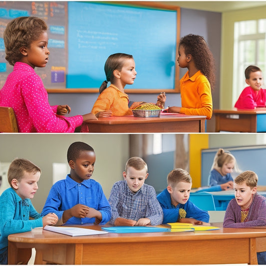 A split-screen image featuring a traditional math classroom with students staring blankly at a chalkboard, contrasted with a vibrant, colorful classroom where students engage in interactive math games and puzzles on tablets and whiteboards.