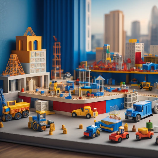 An illustration of a child's playroom filled with building blocks, toy bridges, and construction vehicles, with a miniature cityscape in the background, surrounded by scattered blueprints and diagrams.