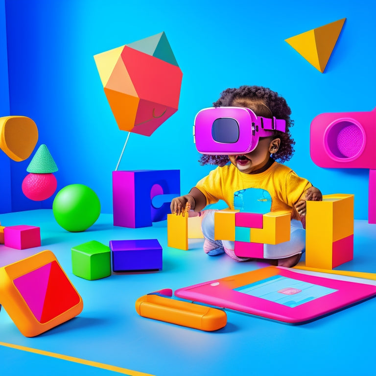 A colorful illustration of a preschooler wearing VR goggles, surrounded by floating blocks, shapes, and numbers, with a tablet and laptop nearby, in a bright and playful virtual learning environment.