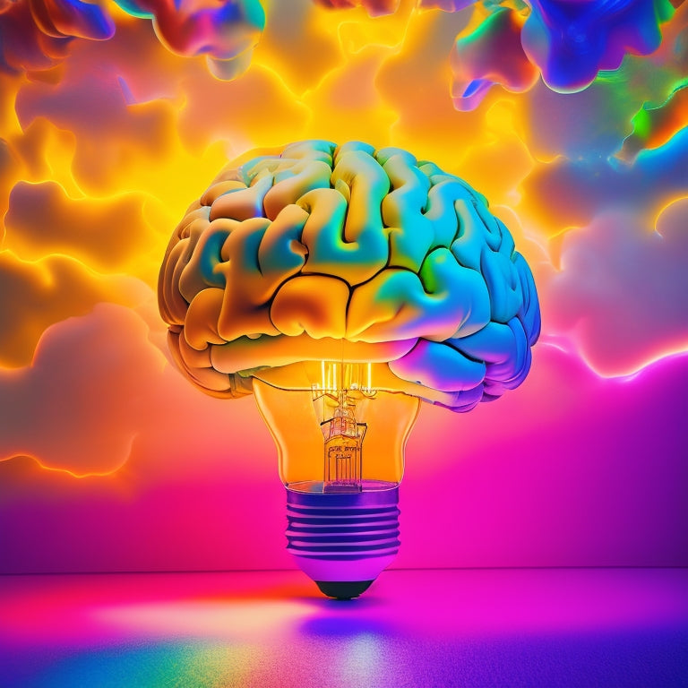 A vibrant, curved brain outline filled with glowing lightbulbs, surrounded by swirling clouds of colorful puzzle pieces, sparks, and stylized electrical circuits, set against a bright, sunny yellow background.