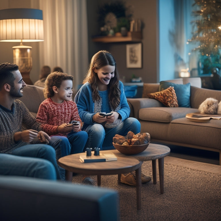 A warm and cozy living room with a child sitting on a couch, surrounded by gaming consoles and screens, while a parent sits beside them, smiling and engaged, amidst a backdrop of calming colors and soft lighting.