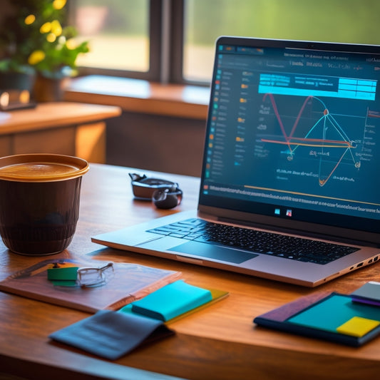 A laptop screen displaying a virtual blackboard with colorful math equations and charts, surrounded by digital sticky notes and a cup of coffee, set against a blurred background of a cozy study space.