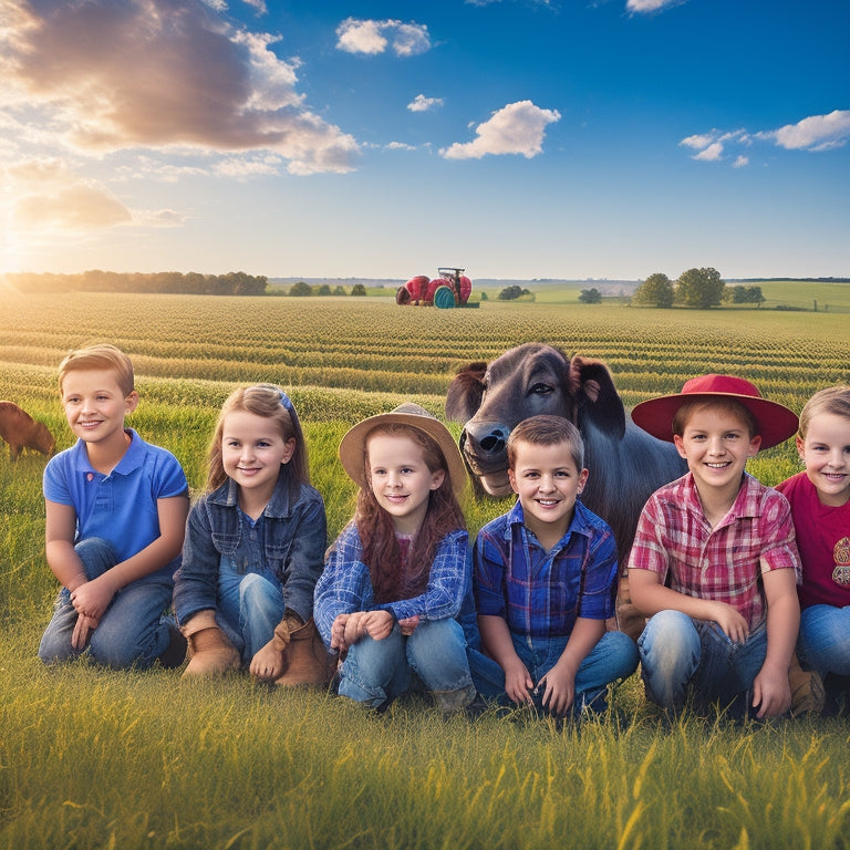 A sunny Iowa landscape with a diverse group of smiling children, aged 8-12, surrounded by farm animals, tractors, and vibrant green crops, engaging in hands-on agricultural activities.