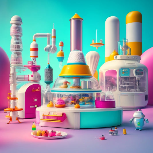 Generate an image depicting a whimsical, futuristic laboratory with ice cream cones and colorful swirls of flavored discovery, surrounded by curious robots and scientists in white coats.
