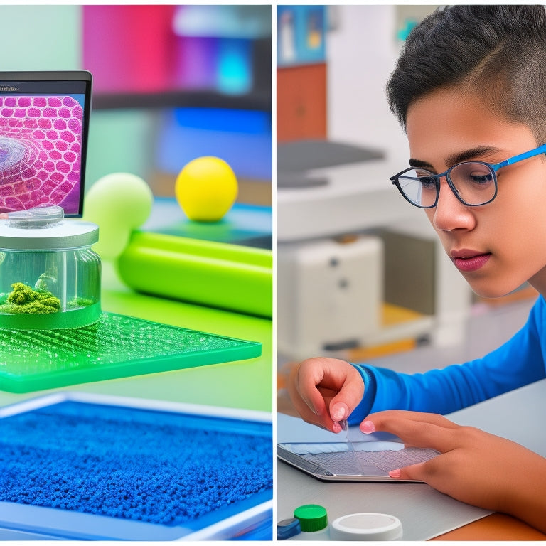 A split-screen image: on the left, a student staring at a laptop screen with a bland, 2D diagram of a cell; on the right, the same student conducting a hands-on experiment with a microscope, petri dish, and colorful, 3D cell model.