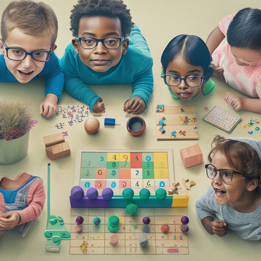 A colorful, clutter-free illustration of diverse special needs students (wheelchair, glasses, hearing aid) engaged in various math games (blocks, puzzle, abacus) with joyful, focused expressions, surrounded by subtle math symbols.