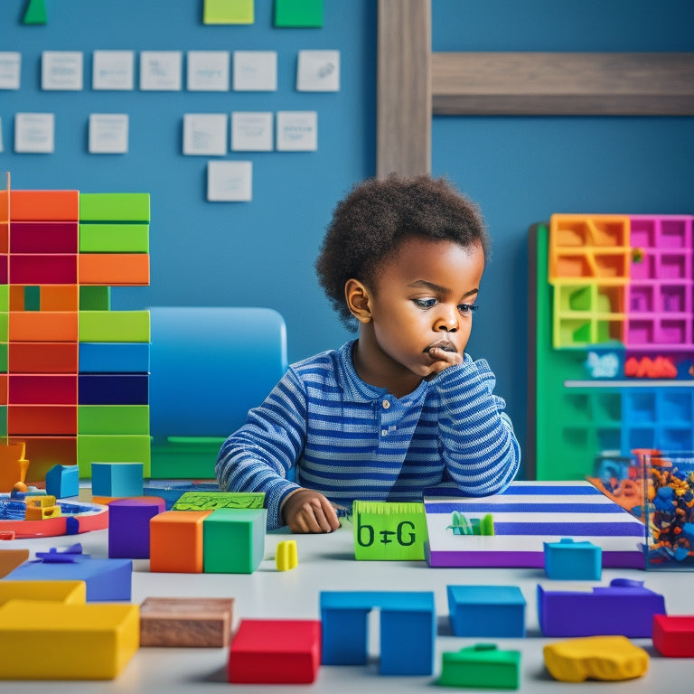 A colorful illustration of a young child sitting at a table, surrounded by interactive math tools like shape sorters, counting blocks, and pattern tiles, with a thought bubble above their head filled with math symbols and icons.