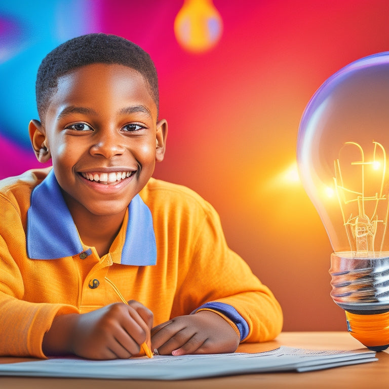 A colorful illustration of a smiling, confident grade 6 student surrounded by math problems and worksheets, with a bright lightbulb above their head, amidst a subtle background of math symbols and shapes.