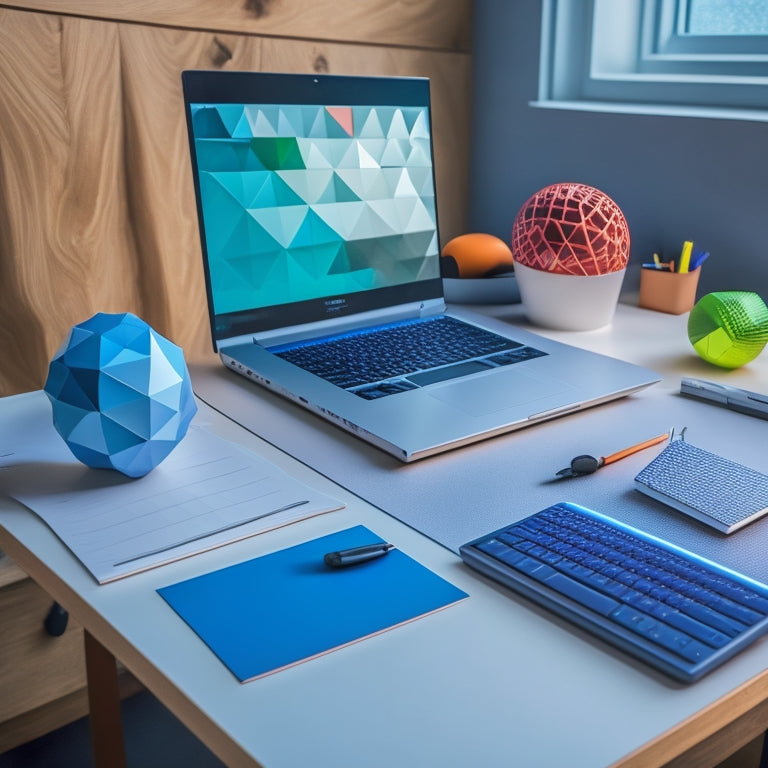 A futuristic, minimalist desk with a sleek laptop, a stylus, and a geometric shape-filled graph paper, surrounded by scattered polygons, spheres, and cones in various colors and sizes.